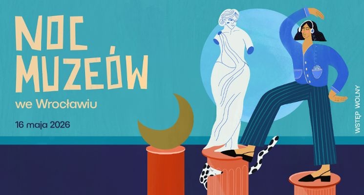Ilustracja promująca „Noc Muzeów we Wrocławiu – 16 maja 2026”. Na kolorowym, stylizowanym tle widoczne są dwie postacie inspirowane sztuką oraz rzeźba w klasycznym stylu, ustawione na postumentach. Grafika utrzymana jest w odcieniach błękitu, turkusu i pomarańczu, z wyraźnym napisem informującym o wydarzeniu i dacie oraz hasłem „wstęp wolny”.